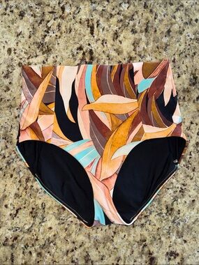High-Waist Women’s Swim Bottoms in Multi-Color Leaf Print
